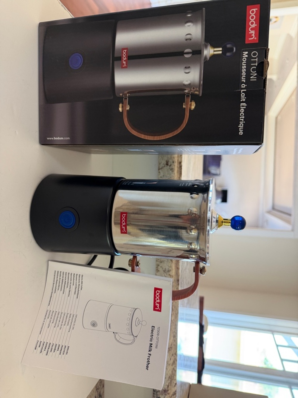 Bodum Stainless Steel Milk Frother with Black Base and Blue Accent